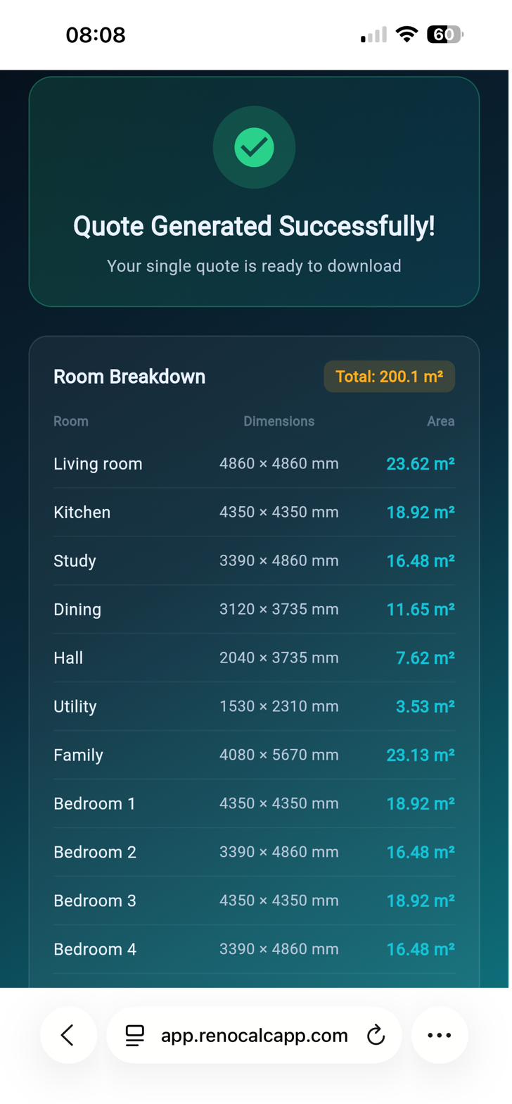 RenoCalc quote result screen showing room-by-room breakdown with AI-measured dimensions in millimetres