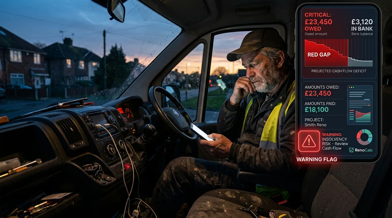 Builder checking a cash flow dashboard on his phone beside his work van — tracking the gap between money owed and money in the bank