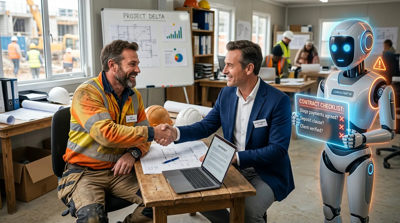 Signed building contract with stage-payment milestones and a checklist — the protection every builder needs in place before starting a renovation job