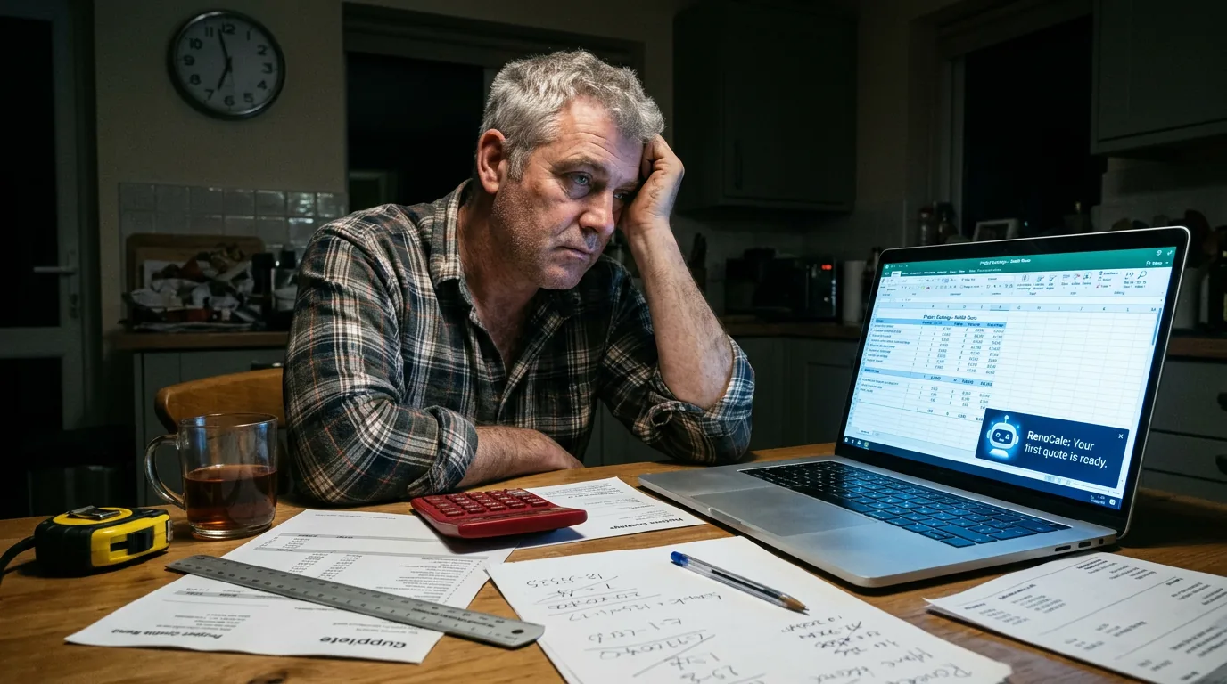 Exhausted builder working on a spreadsheet late at night — the manual quoting grind RenoCalc replaces