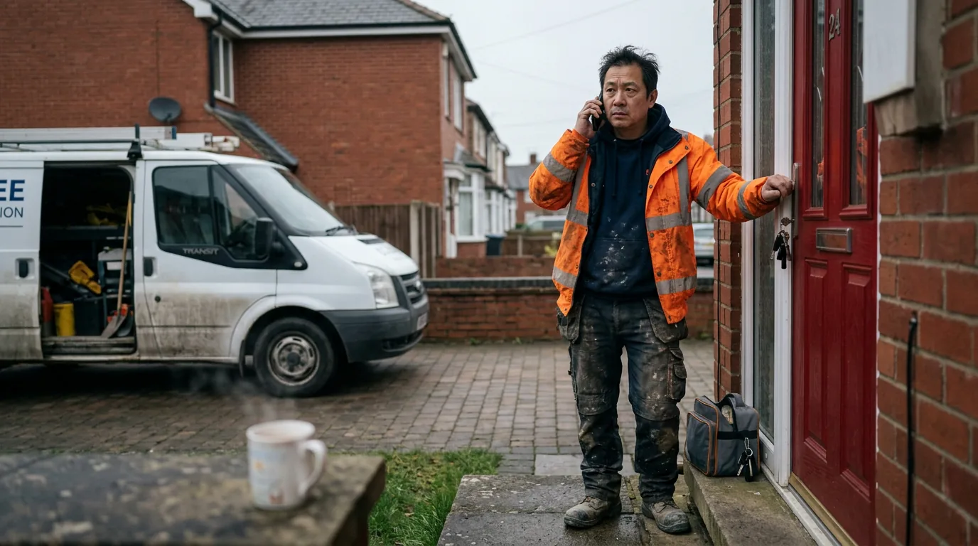 Builder taking an early-morning phone call beside his van on a UK building site