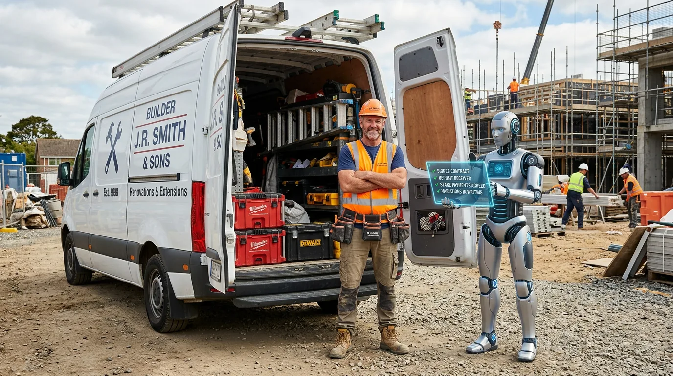 Builder beside his work van next to an AI assistant displaying a checklist — signed contract, deposit received, stage payments agreed, variations in writing