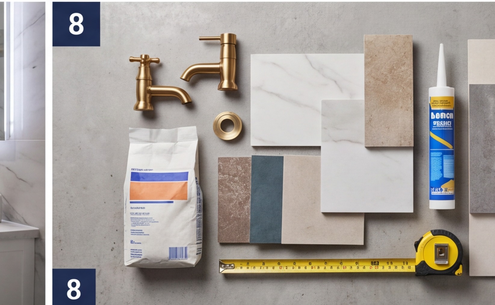 bathroom renovation materials flat lay