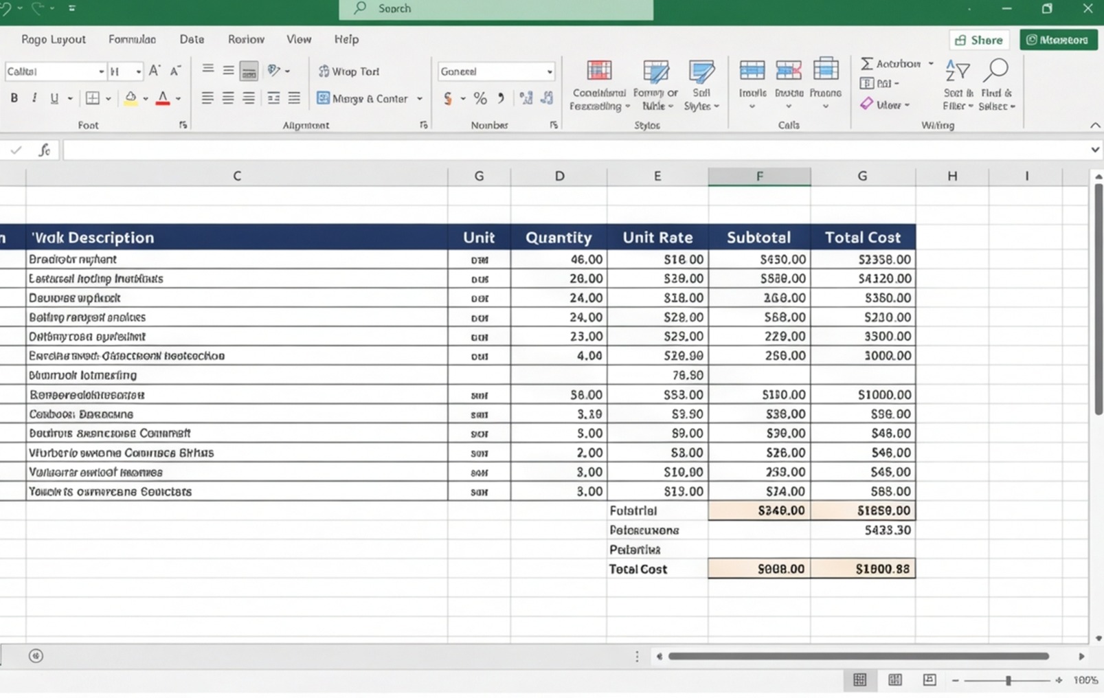estimating software excel output mockup