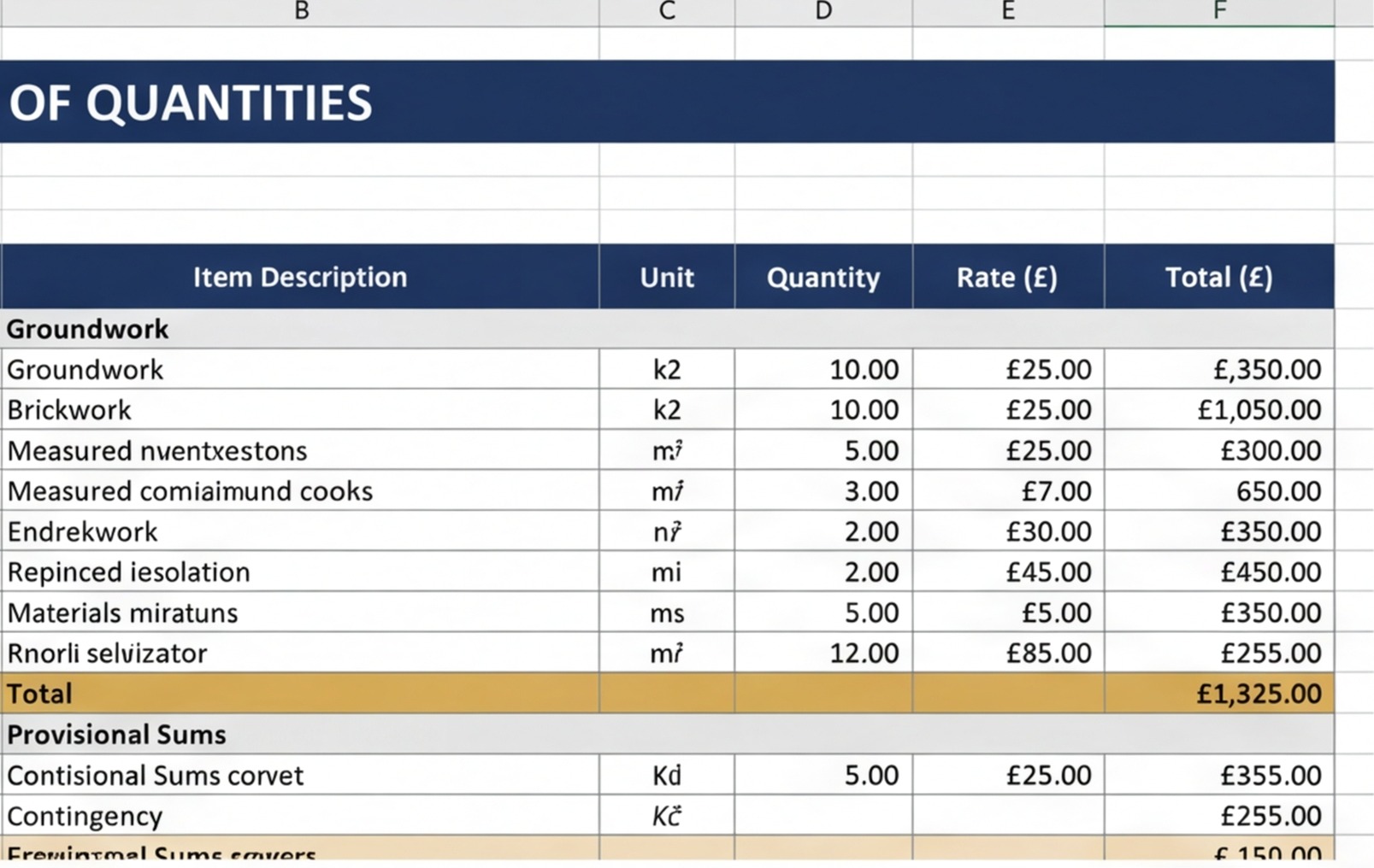 sample boq screenshot uk