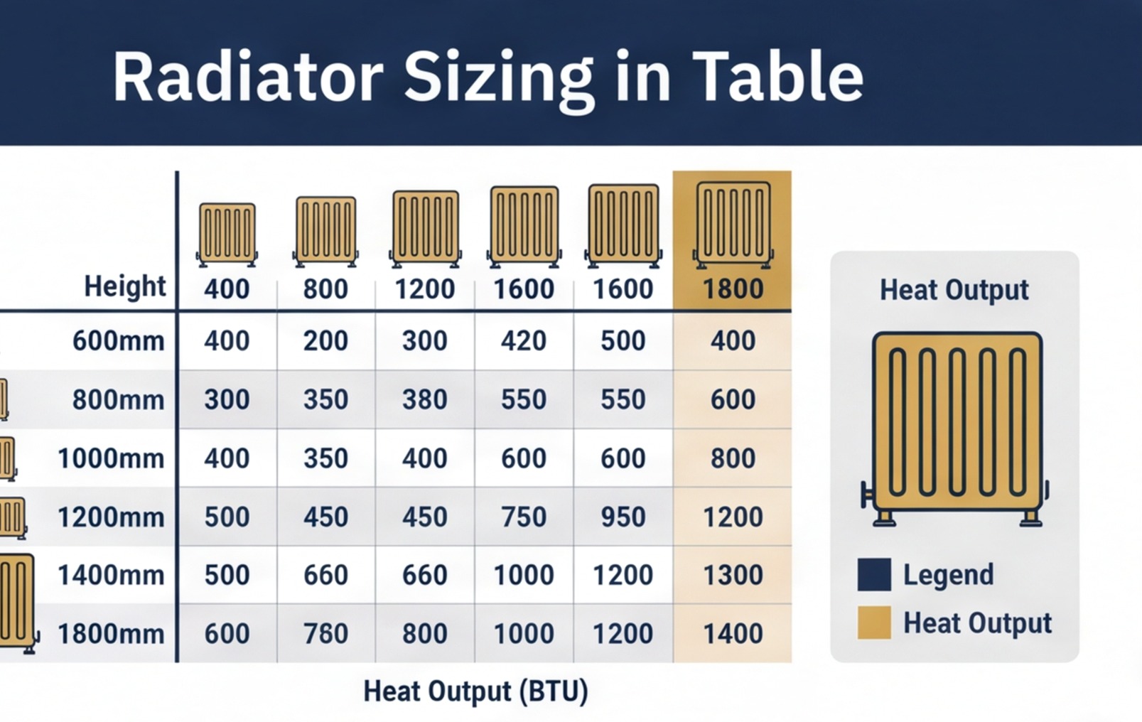 radiator sizing table btu output