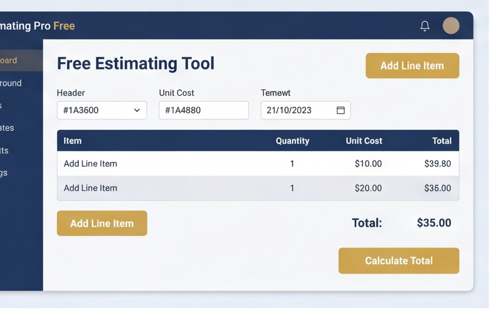 free estimating tool ui mockup uk