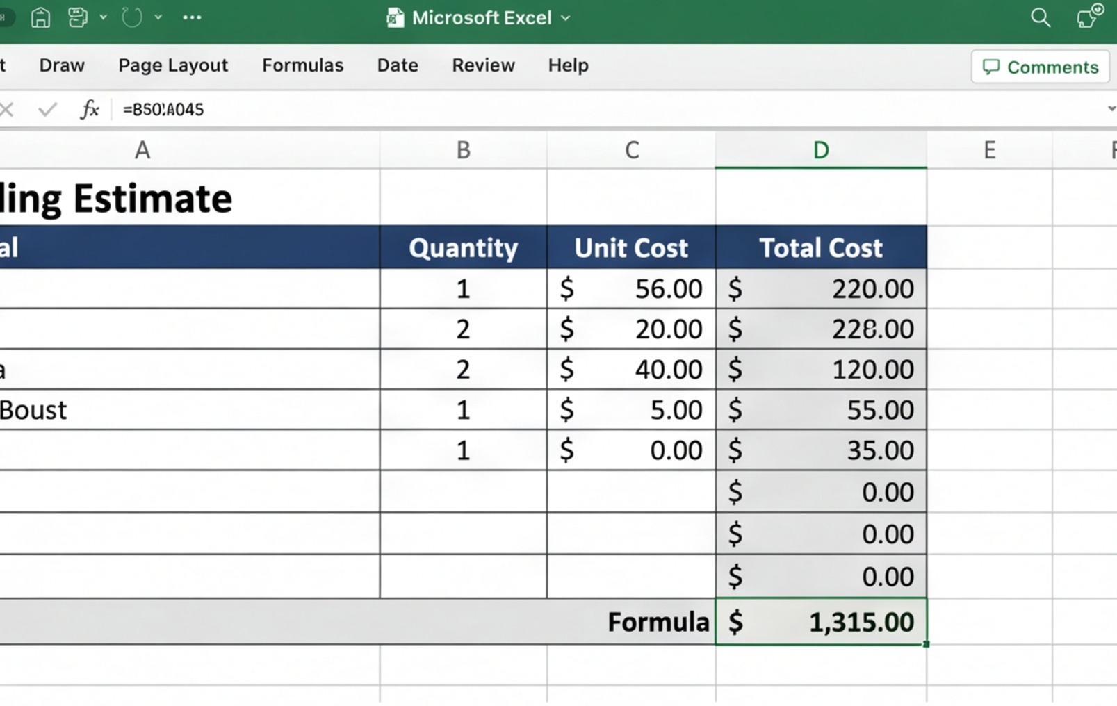 free excel estimating template uk