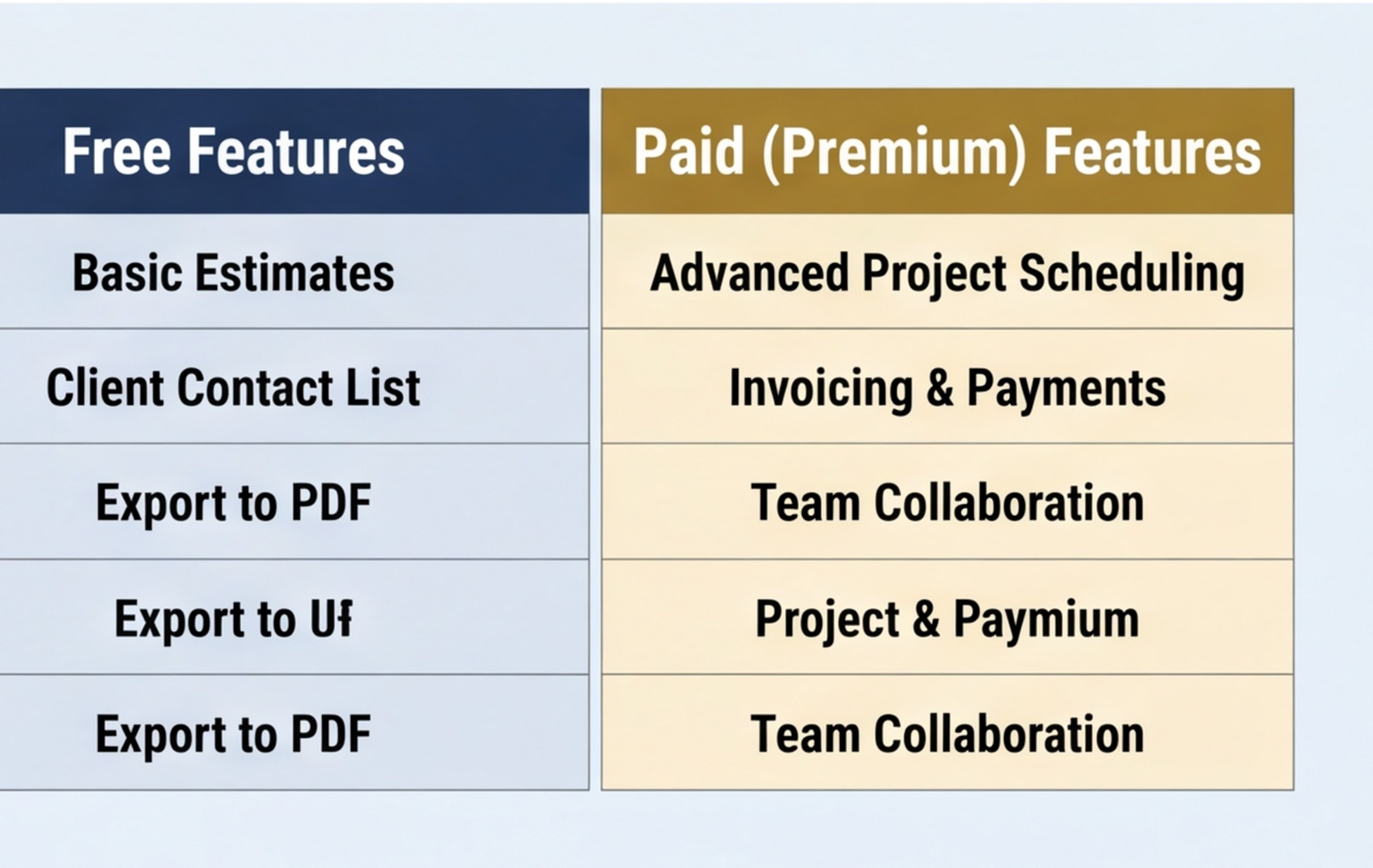 free vs paid estimating features chart