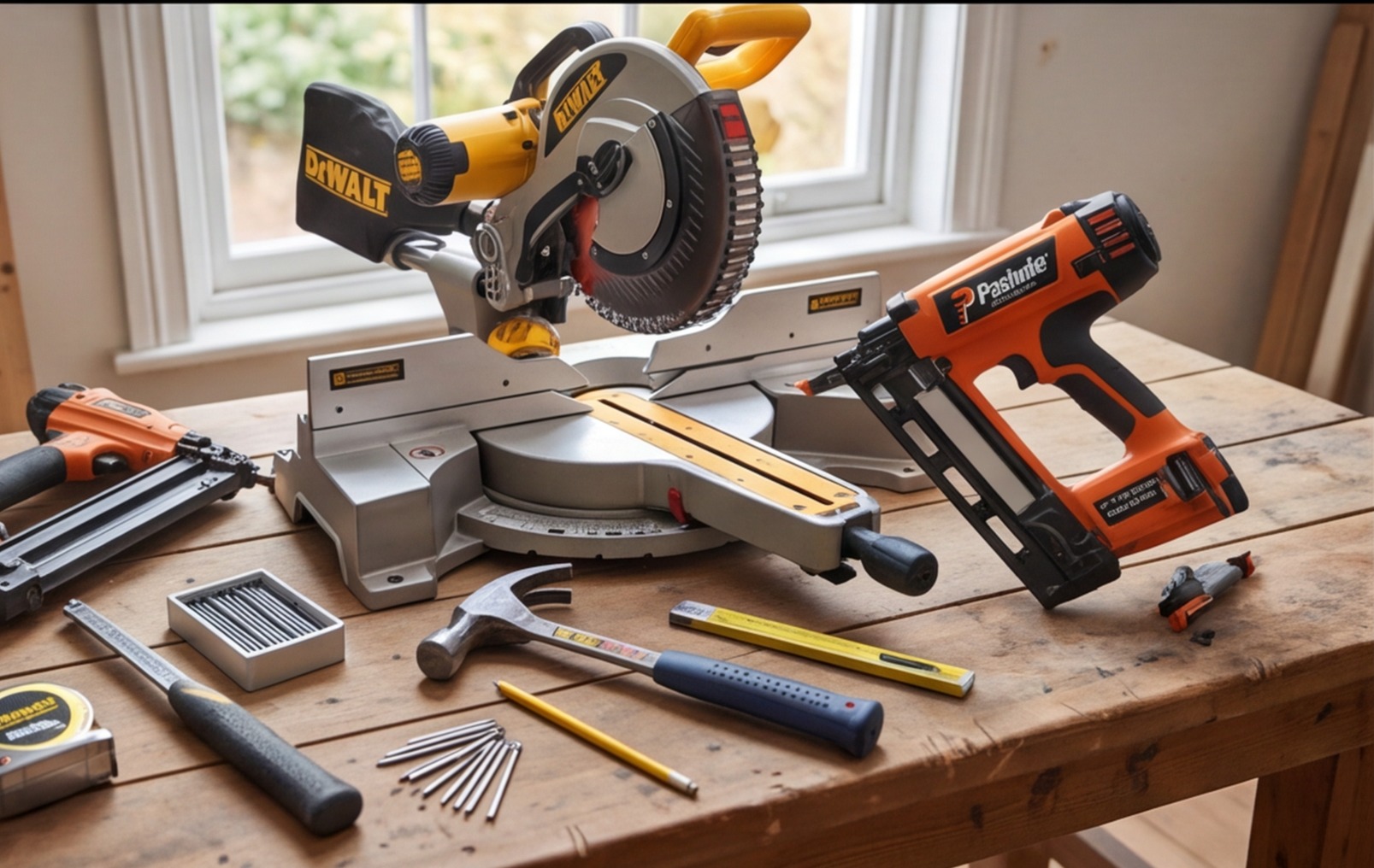 carpenter tools nail gun mitre saw
