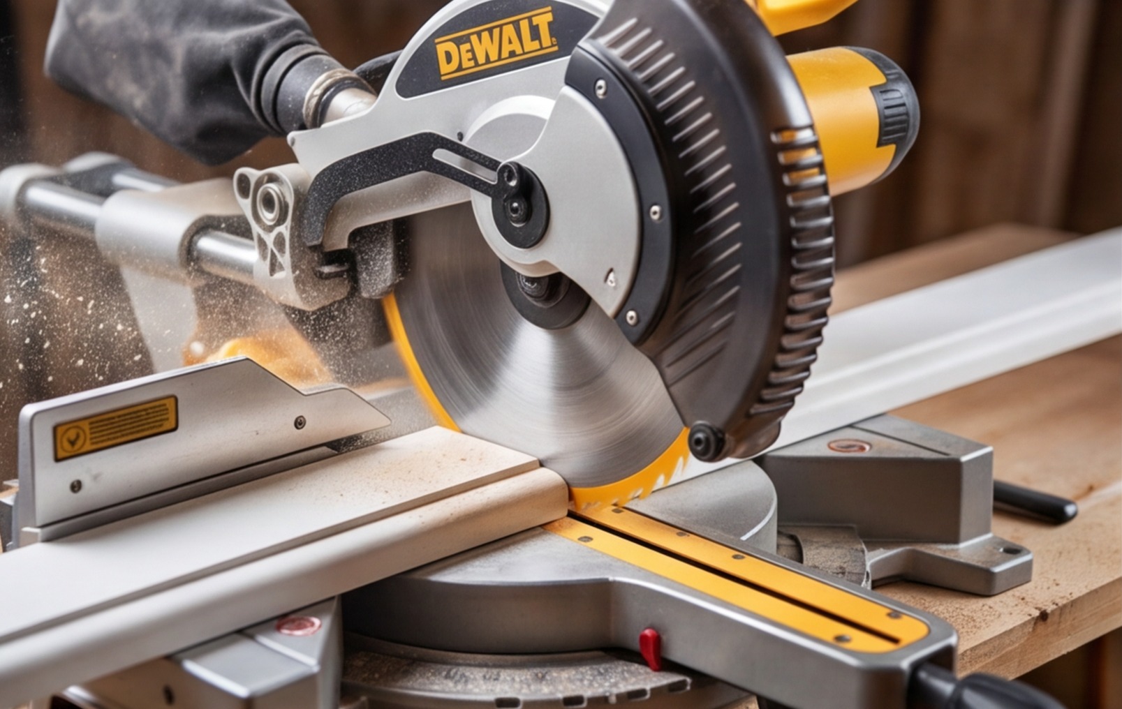 mitre saw cutting skirting close up