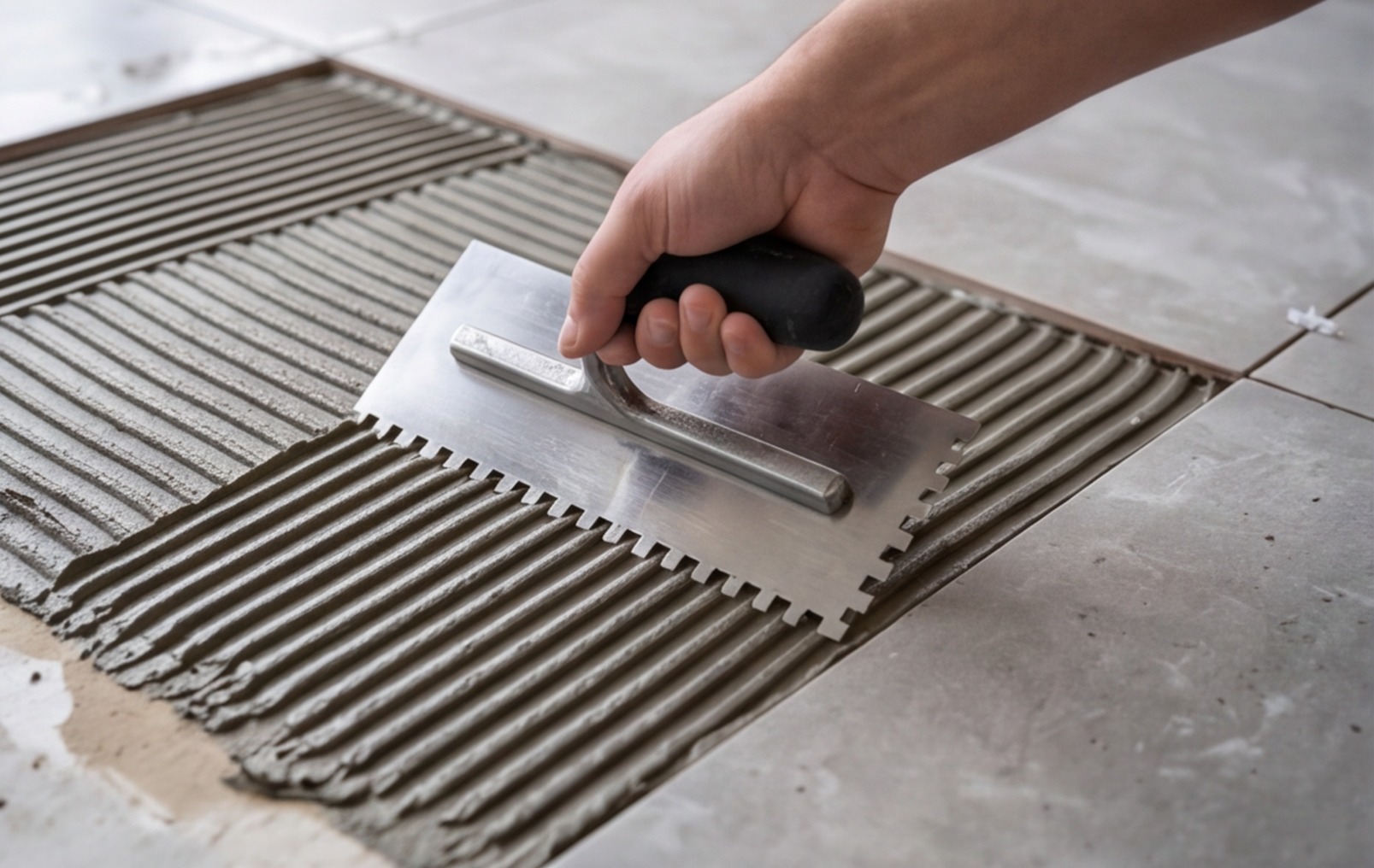 notched trowel tile adhesive close up
