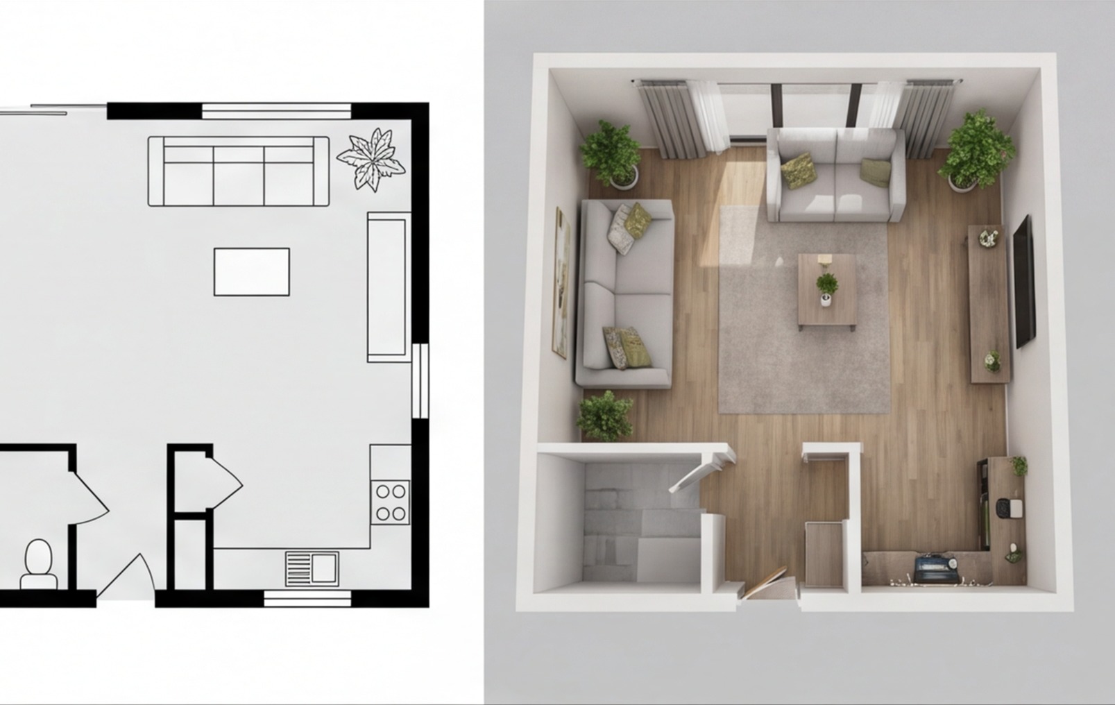 2d floor plan vs 3d room comparison