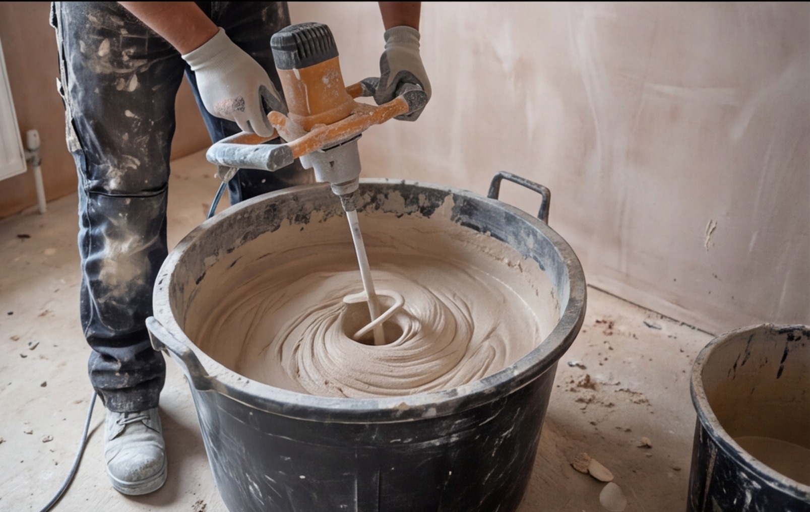 plasterer mixing plaster paddle mixer