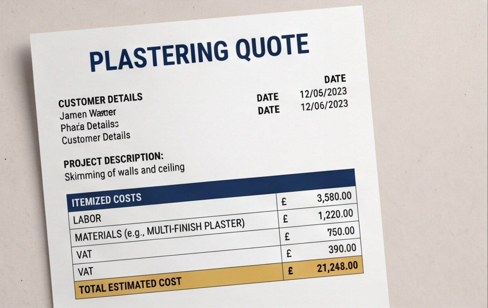 sample plastering quote uk