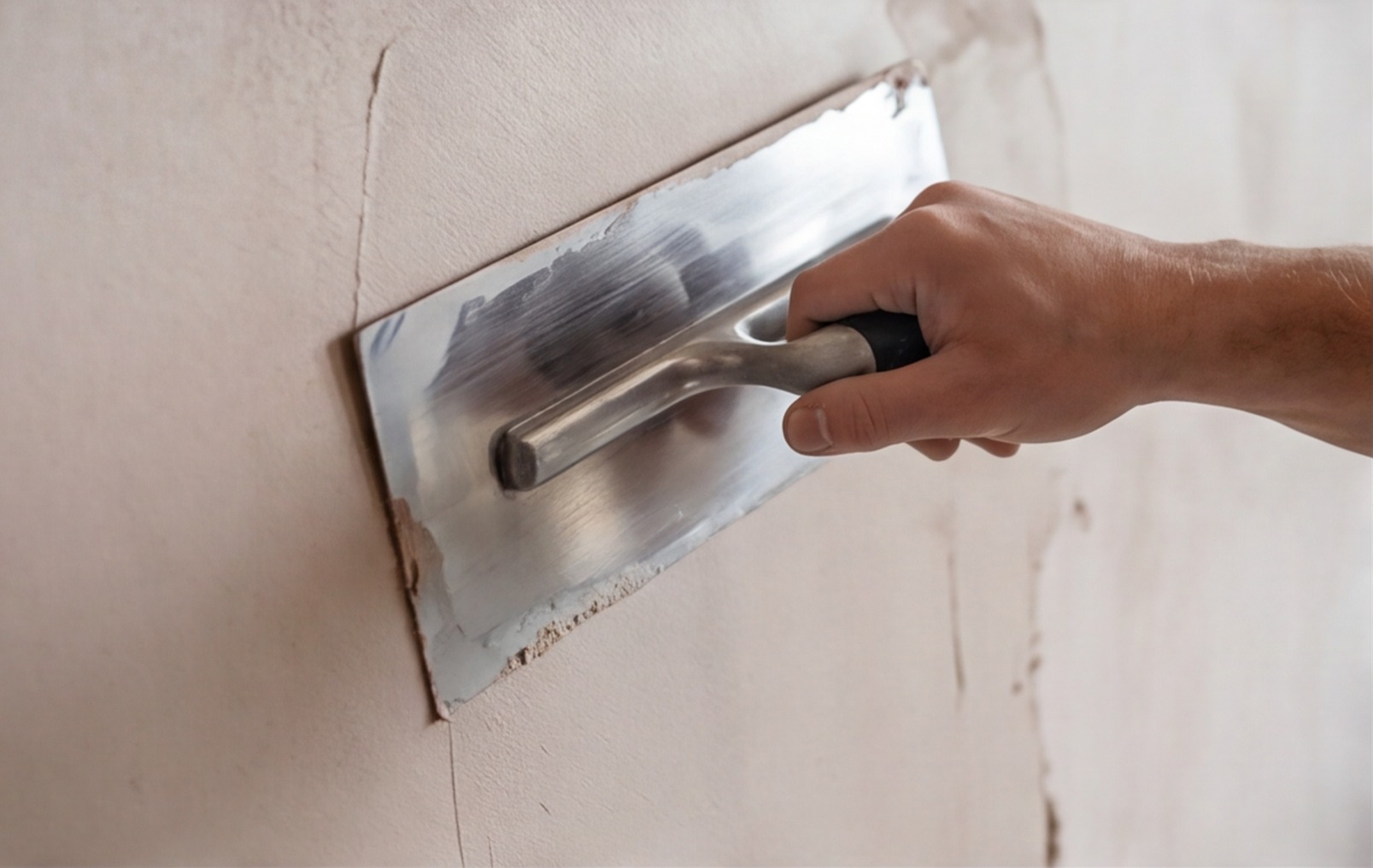 trowel applying skim plaster close up