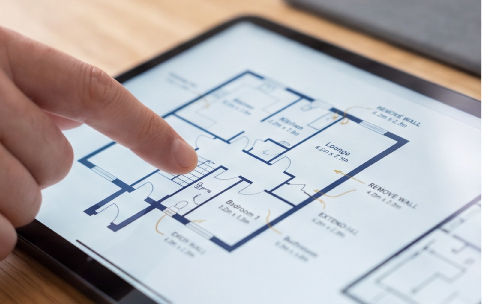 finger pointing floor plan tablet