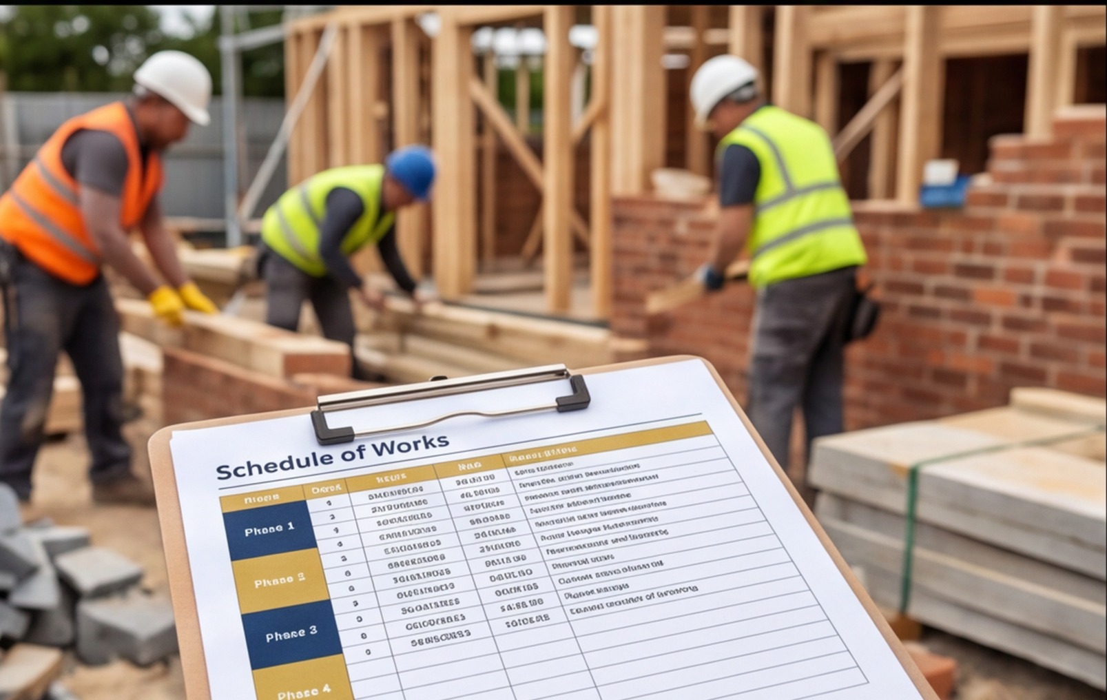 workers on site schedule foreground