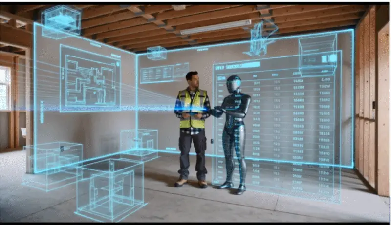 RenoCalc AI analysing a floor plan with a holographic data overlay