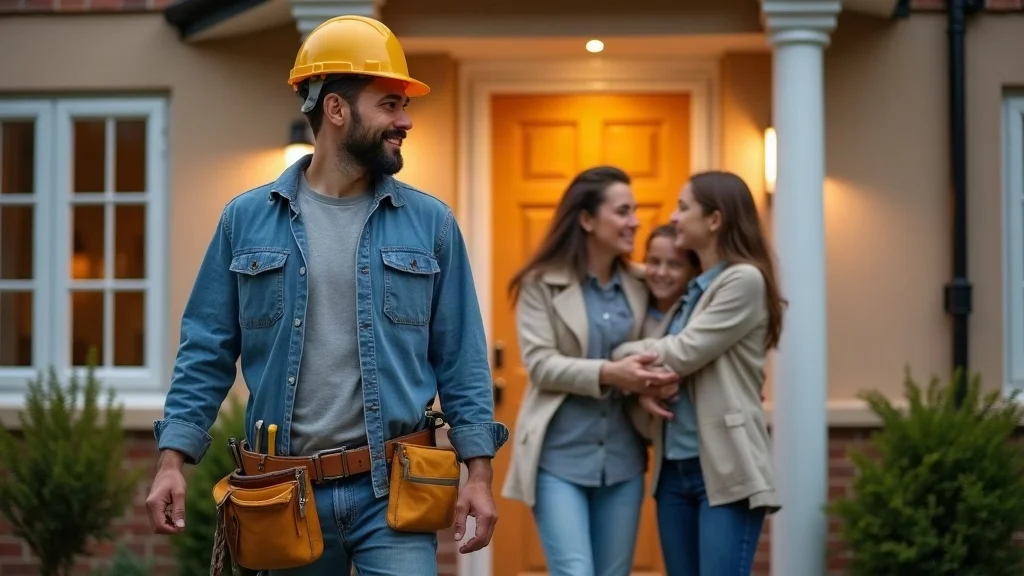 Happy builder with tool belt arriving home early in daylight, greeted by smiling wife and two children at the door — the freedom that comes from faster renovation quoting with RenoCalc