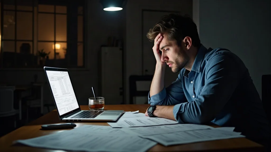 Builder with head in hands at desk late at night — laptop open with spreadsheet, renovation quotes and paperwork covering the table, cold cup of tea