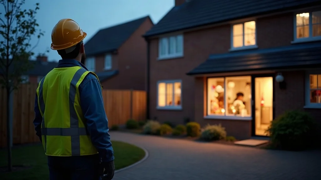 Builder in work clothes watching through window as his family celebrate a birthday party inside — missing his child's birthday because of renovation quoting work