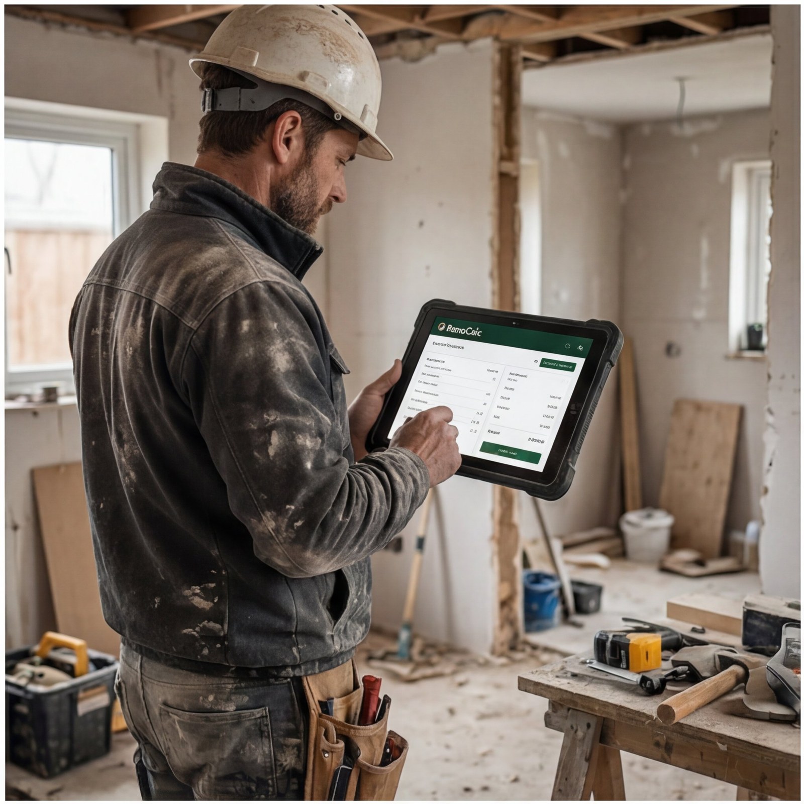 Builder reviewing AI-powered renovation quotes on a tablet on a building site