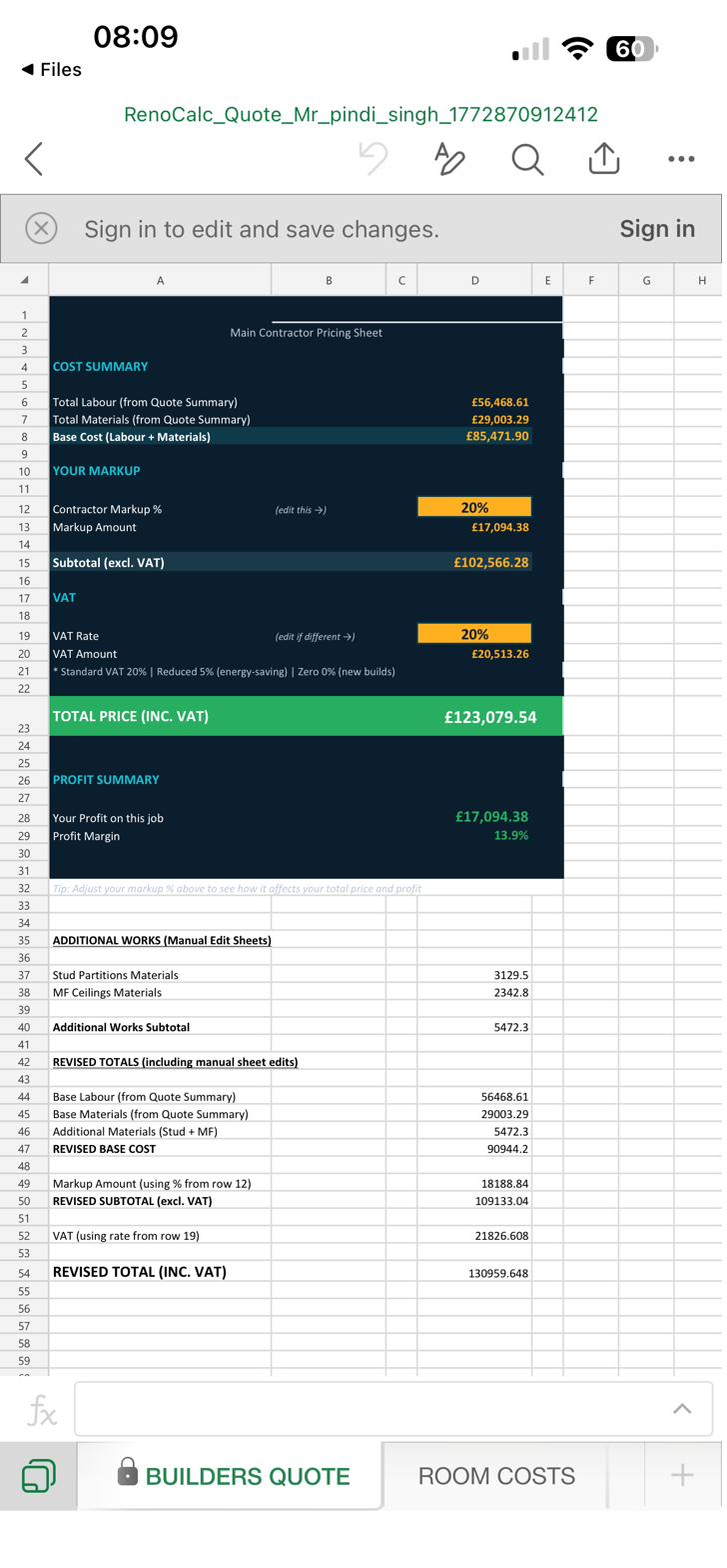 RenoCalc Excel quote output showing cost summary with labour, materials, markup, VAT and total price