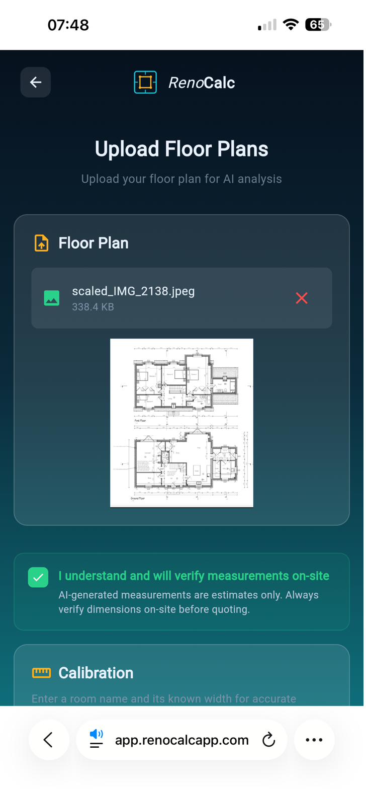 RenoCalc floor plan upload screen showing an architectural drawing with calibration controls
