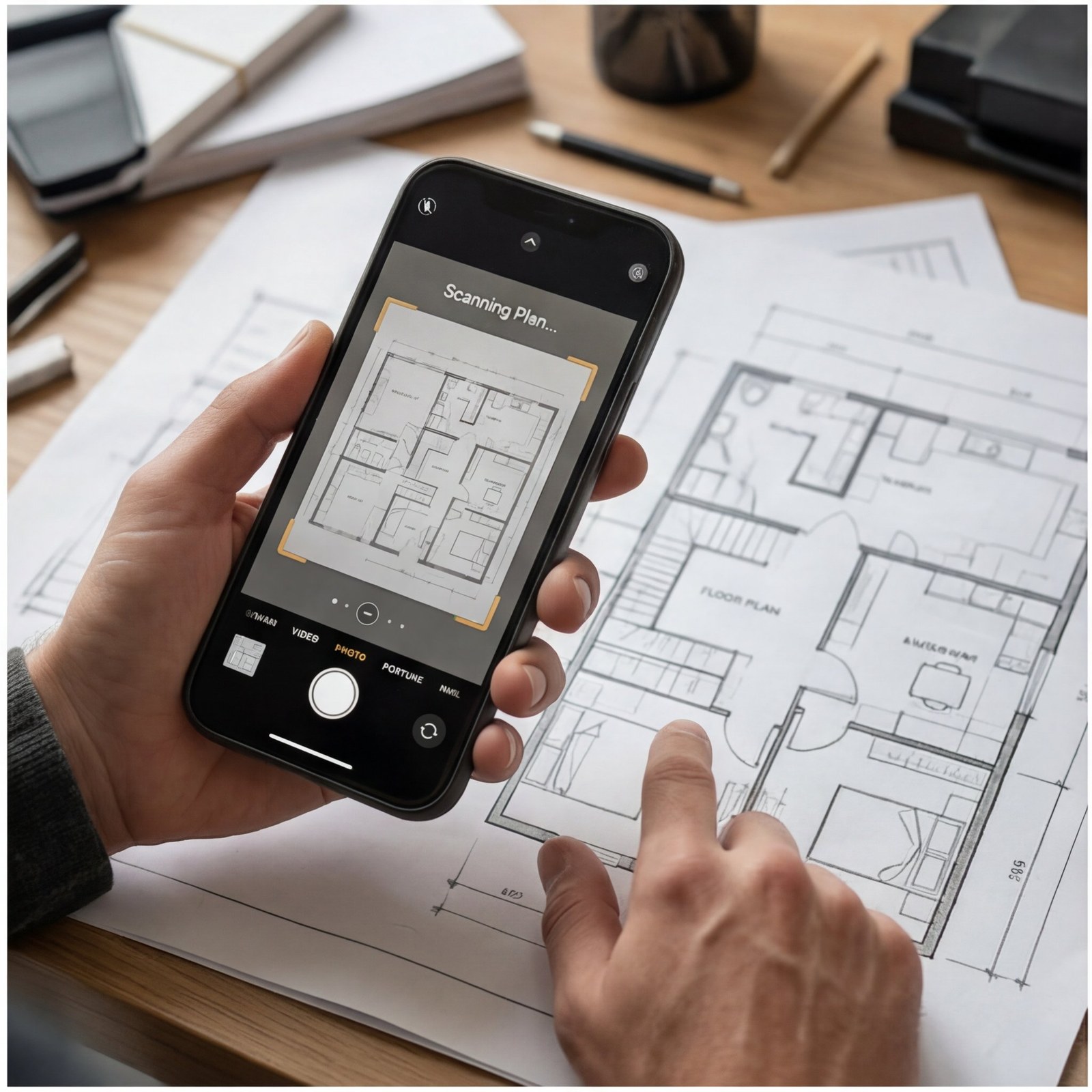 Builder using an AI floor plan scanner on a phone to generate a renovation quote