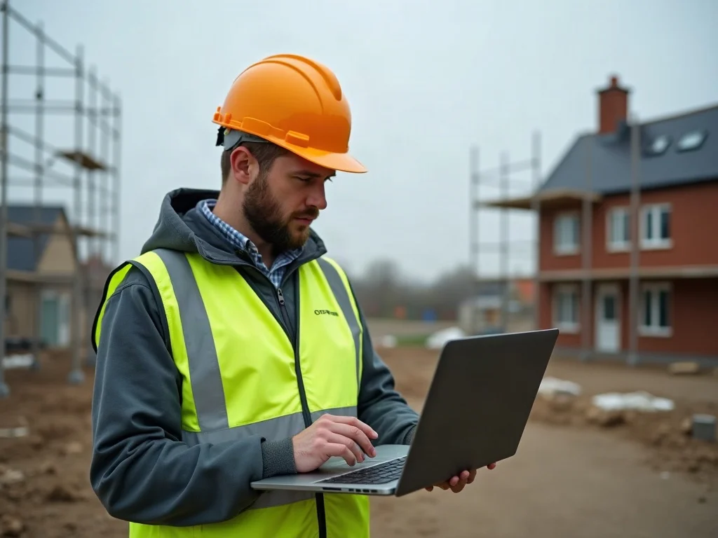 UK builder checking a cloud-based construction takeoff on a laptop at an active construction site