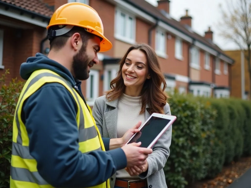 Local UK builder showing a client a renovation quote on a tablet at their front door