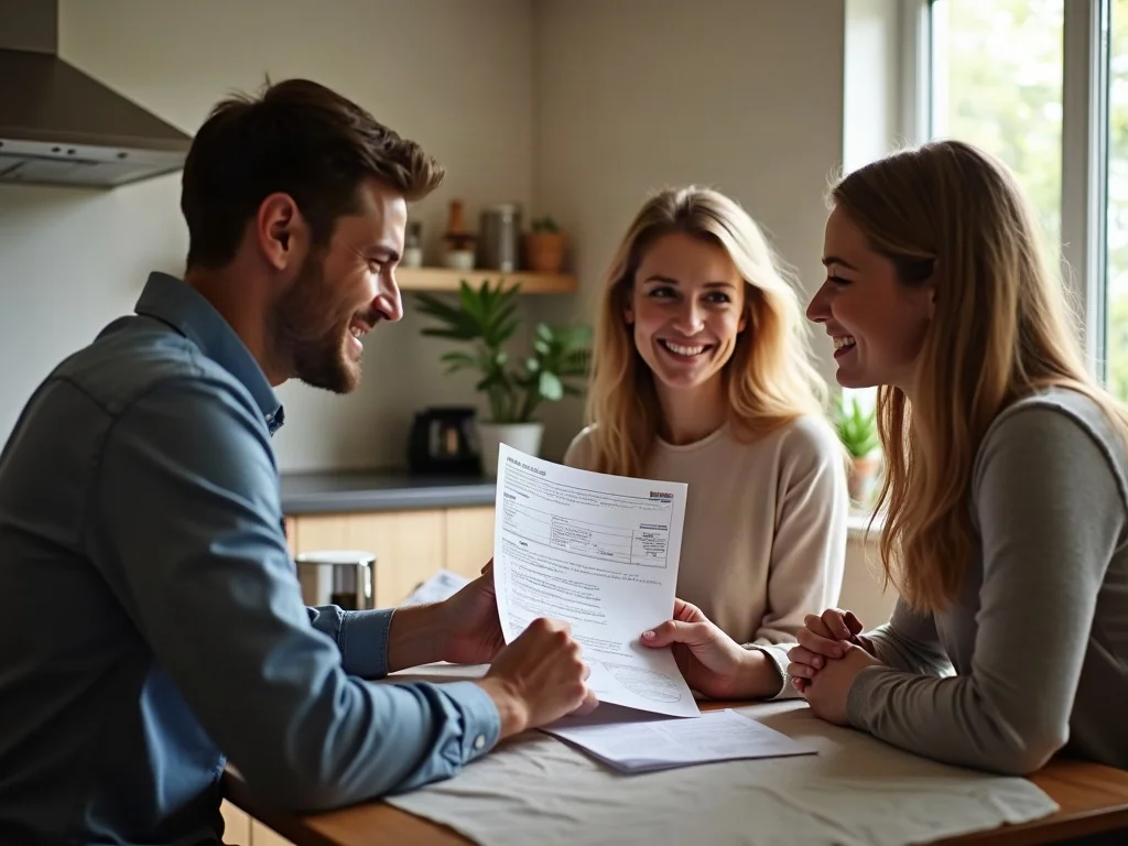 Homeowners reviewing a printed renovation quote pack from a builder at their kitchen table