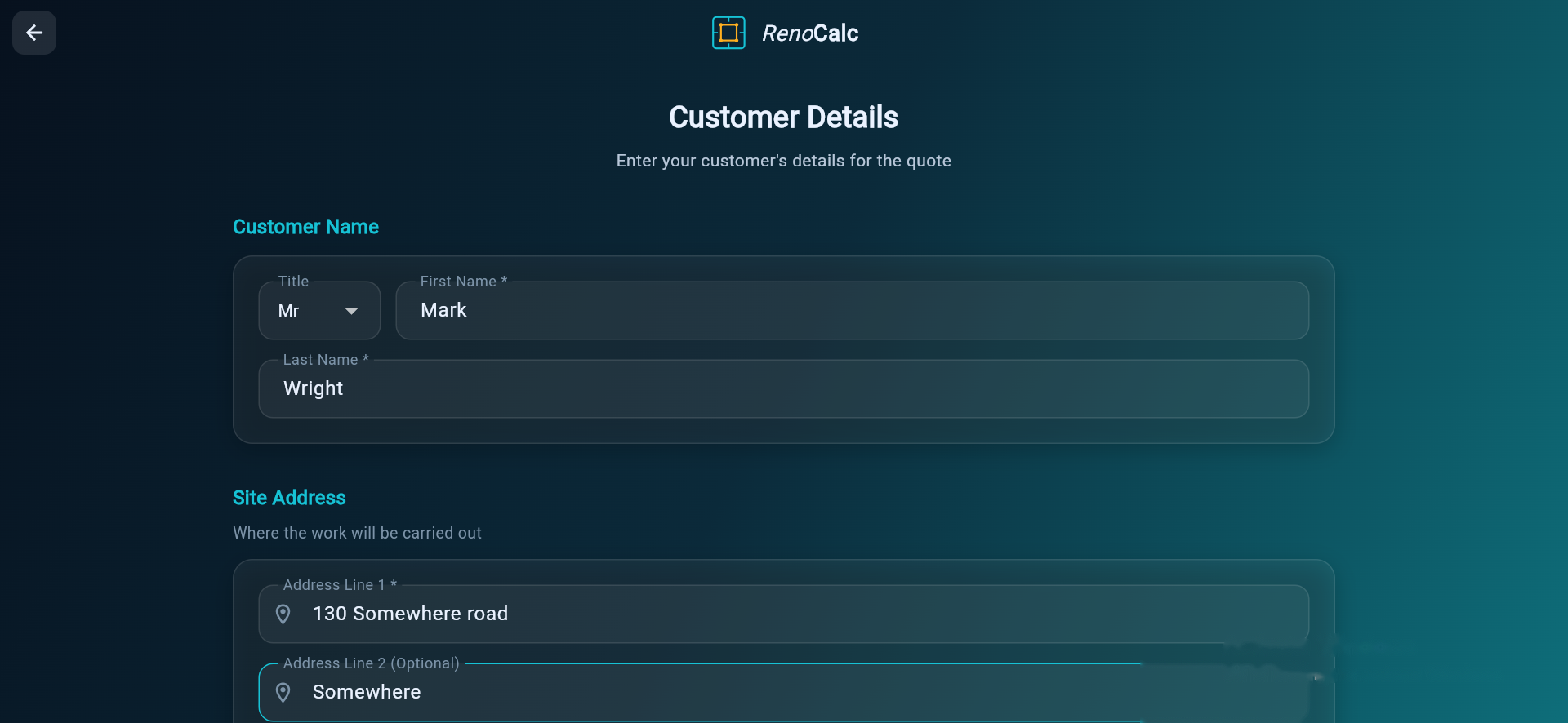 Entering the customer's details for the quote