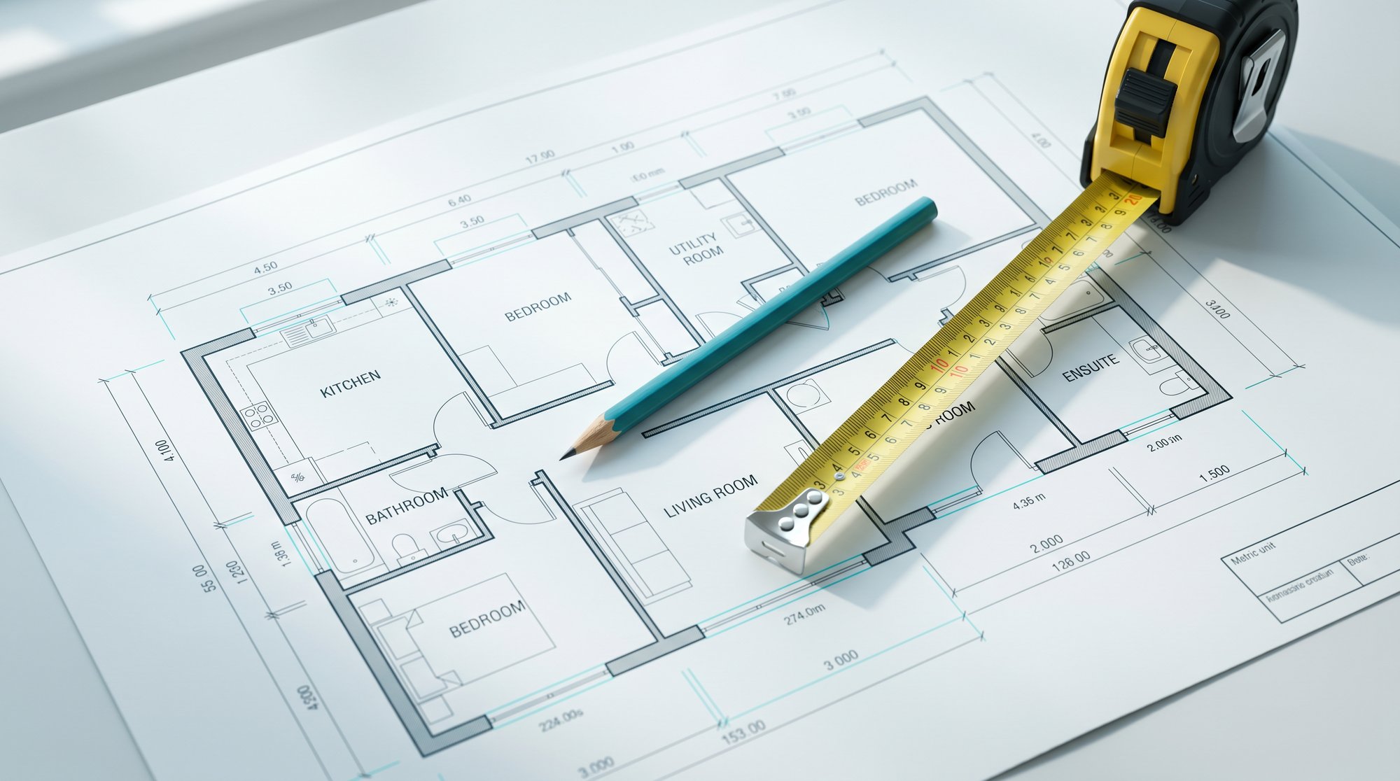 Architect's floor plan with tape measure and pencil — RenoCalc AI renovation quoting software calculates renovation costs from any floor plan in under 3 minutes