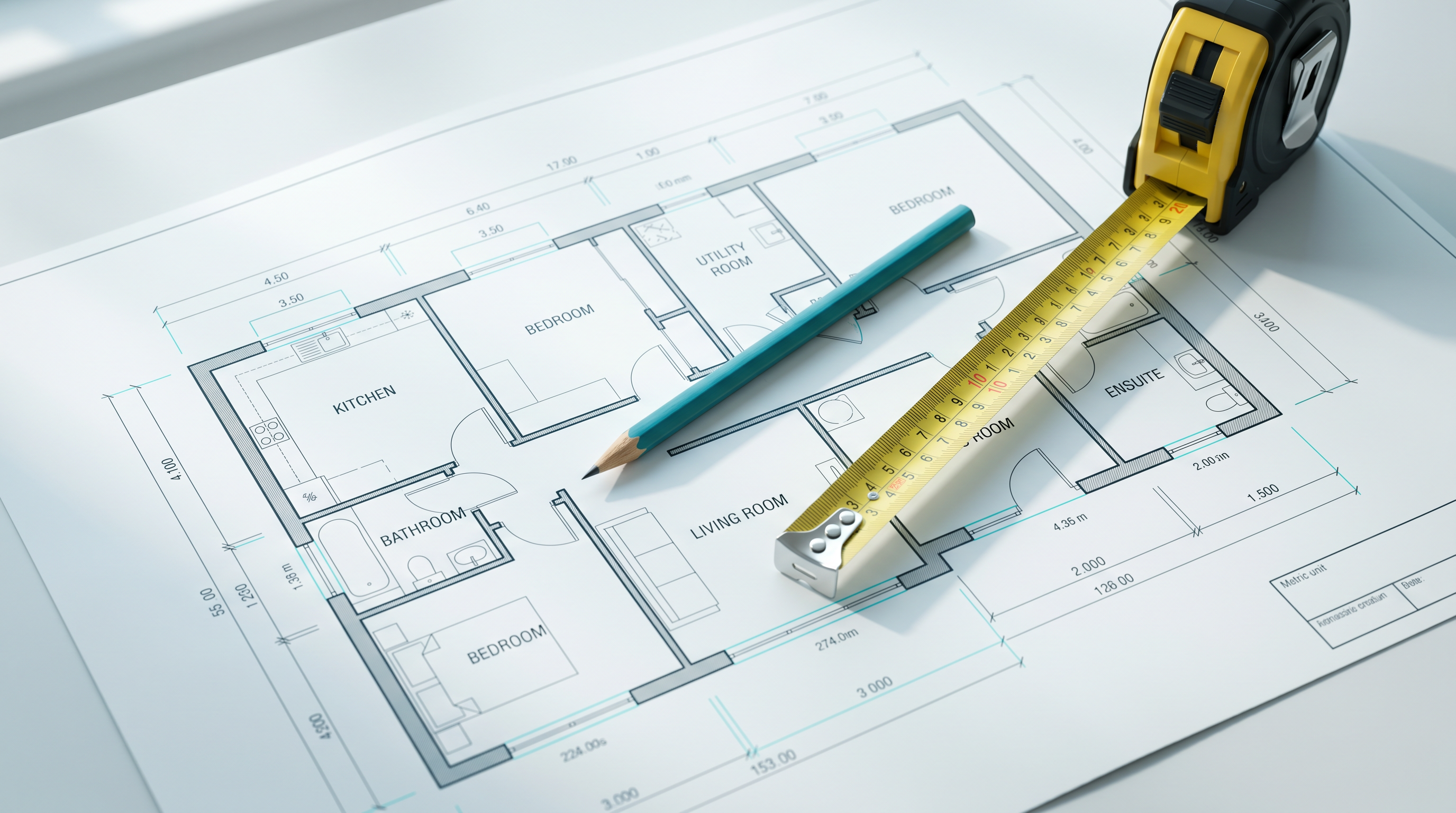 Architect's floor plan with tape measure and pencil — RenoCalc AI renovation quoting software calculates renovation costs from any floor plan in under 3 minutes