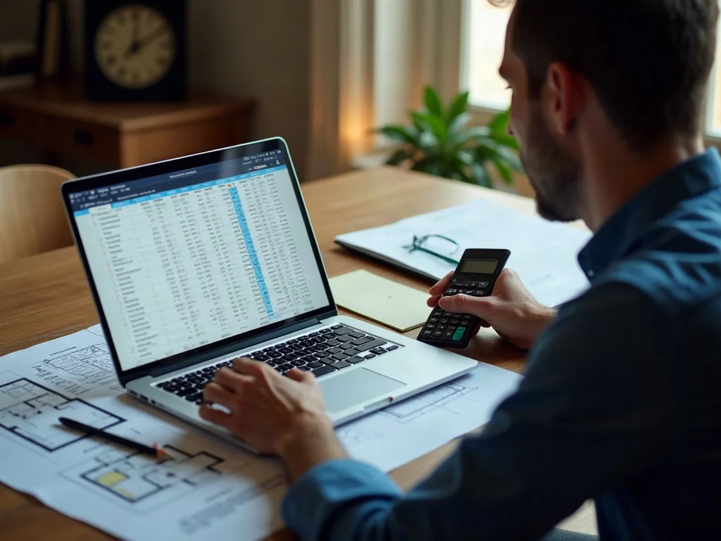 Builder reviewing a detailed quantity takeoff spreadsheet on a laptop next to a printed floor plan