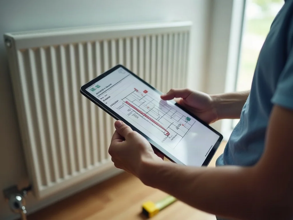 Builder checking radiator BTU sizing on a tablet next to a wall-mounted radiator
