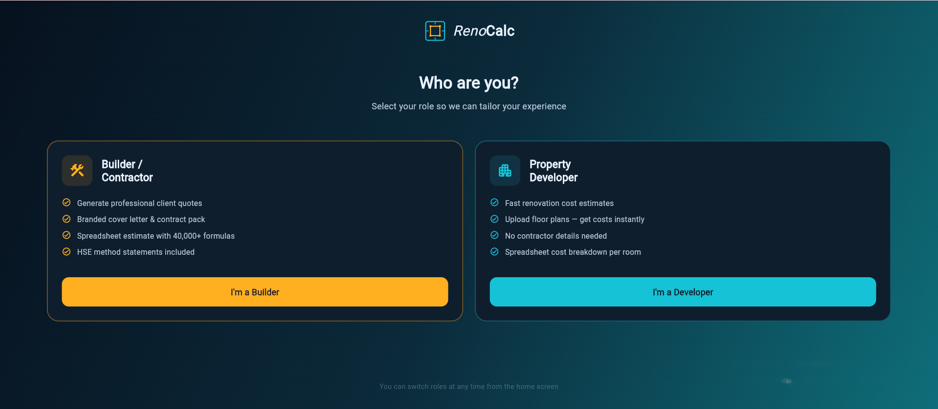 Choosing builder or developer role in RenoCalc