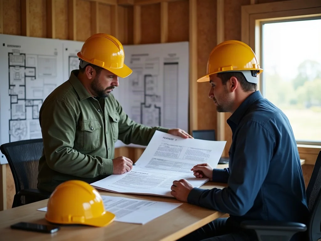 Two UK builders reviewing a construction takeoff report together in a site office
