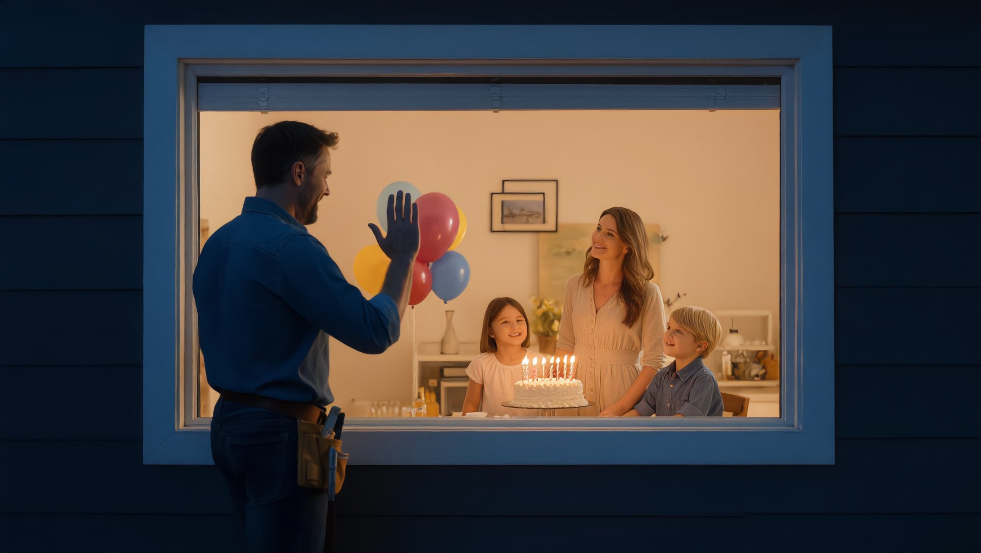 Happy builder with tool belt arriving home early in daylight, greeted by smiling wife and two children at the door — the freedom that comes from faster renovation quoting with RenoCalc