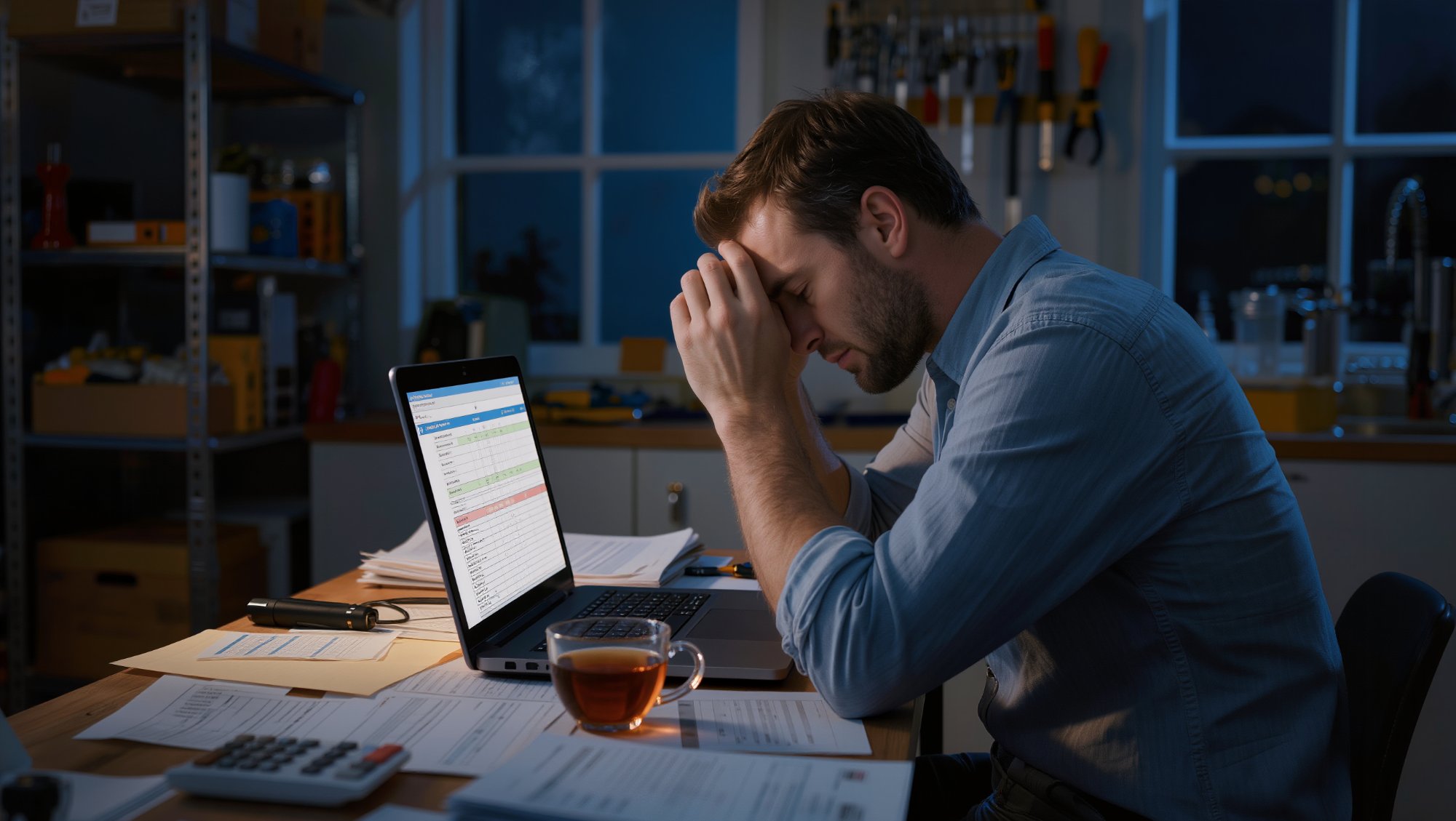 Builder with head in hands at desk late at night — laptop open with spreadsheet, renovation quotes and paperwork covering the table, cold cup of tea
