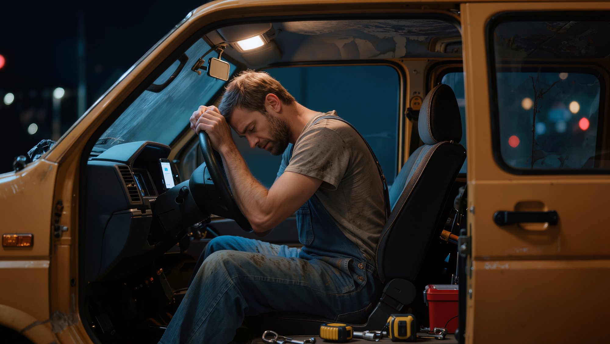 Builder in work clothes watching through window as his family celebrate a birthday party inside — missing his child's birthday because of renovation quoting work